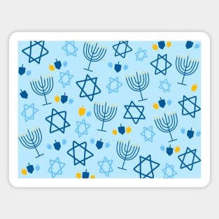 Hanukkah Stars, Menorahs, and Dreidels Doodle Pattern on a Light Blue Background, made by EndlessEmporium Magnet